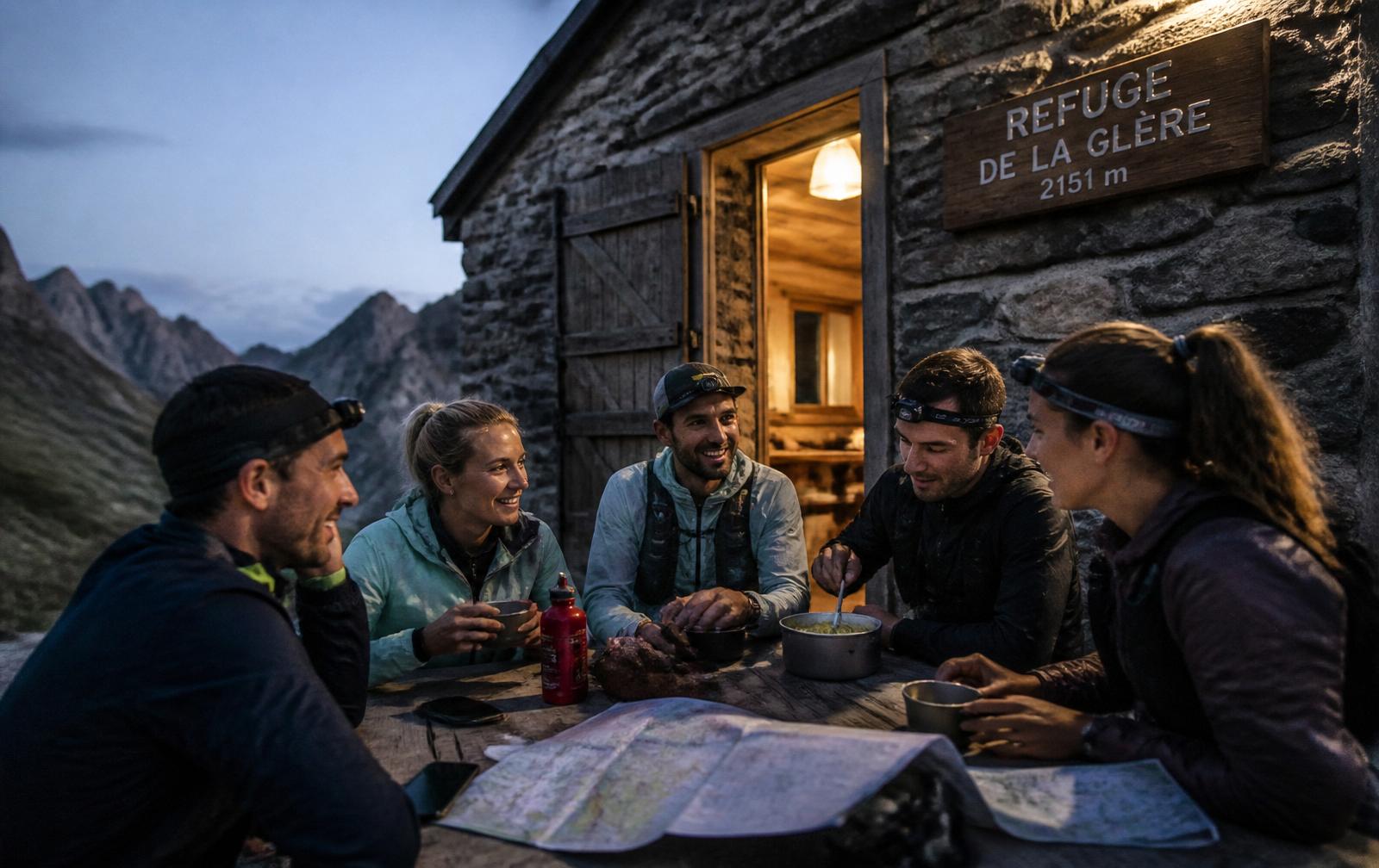 Small group of trail runners sharing a meal at a mountain refuge at dusk